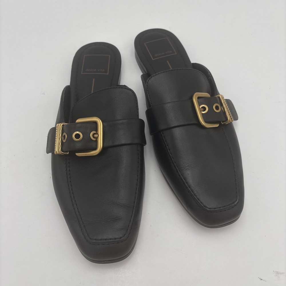 Dolce Vita Santel Mules 7.5 black leather gold buckle Flats Loafers Open Back